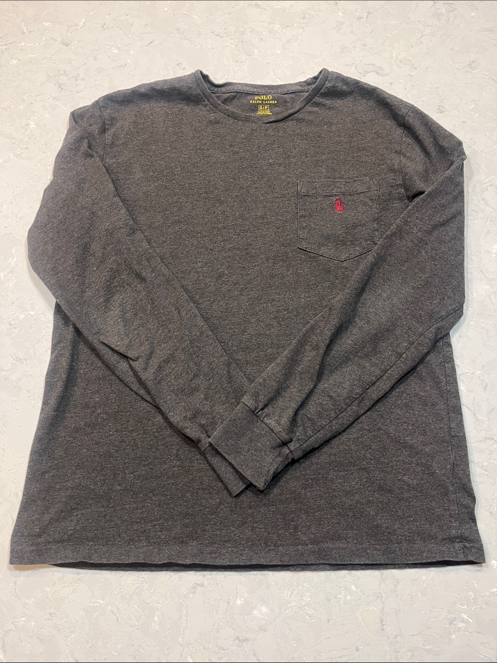 Polo by Ralph Lauren Heather Charcoal Long-Sleeve Pocket Tee with Red Pony